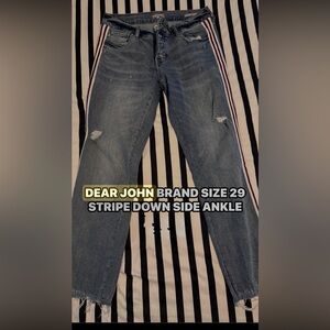 Dear John Blue Distressed Ankle Jeans with Red & White Side Stripes